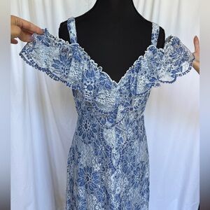 BCBGMaxAzria Blue and White Floral Lace Maxi Dress